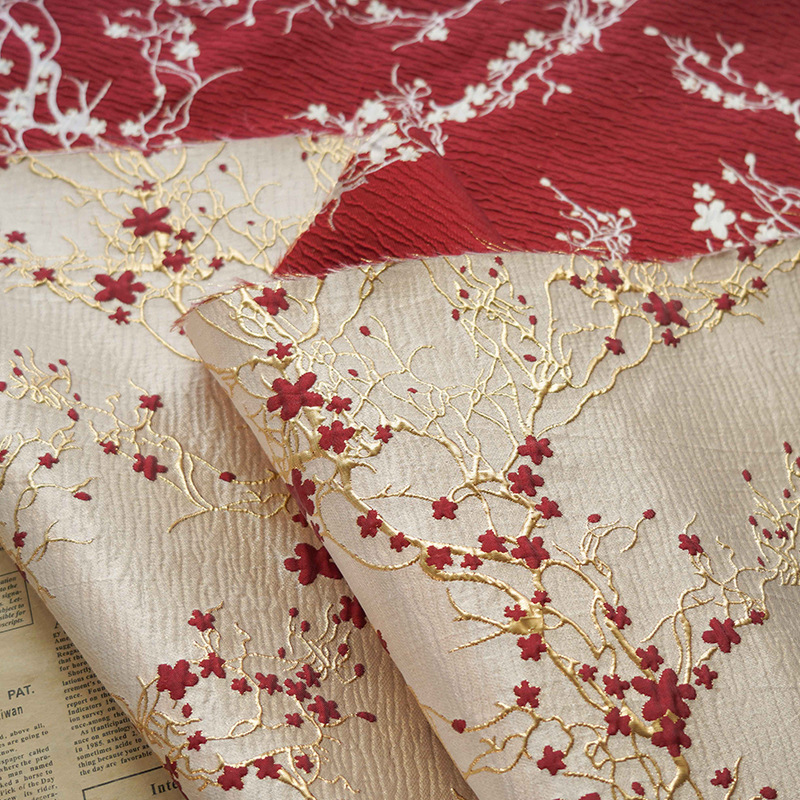 Linen Fabric Natural - Роскошная красная жаккардовая ткань с цветком