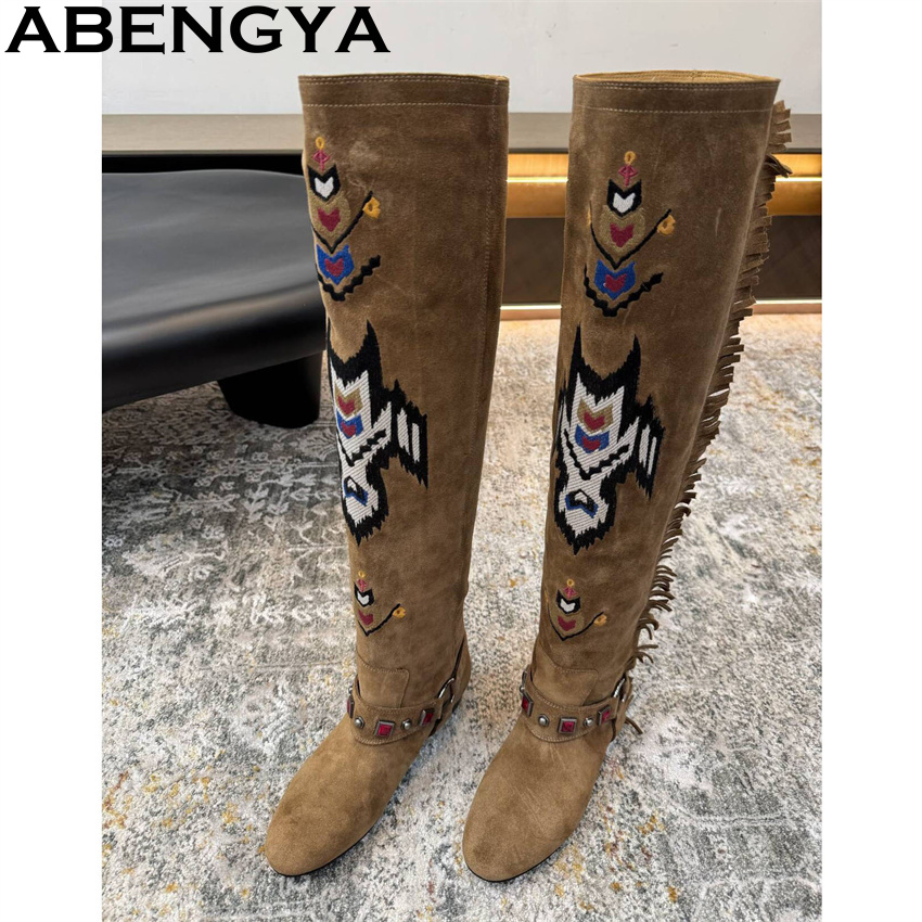 Embroidery On Leather - ABENGYA/2026, новые зимние сапоги до колена,